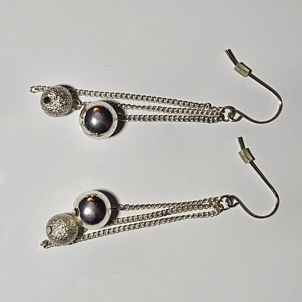Silver Tone Multiple Dangling Ball Earrings Chains
